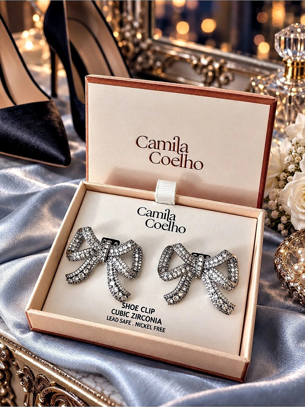 Camila Coelho Cubic Zirconia BOW SHOE CLIPS Silver Bridal or  Holiday Pair